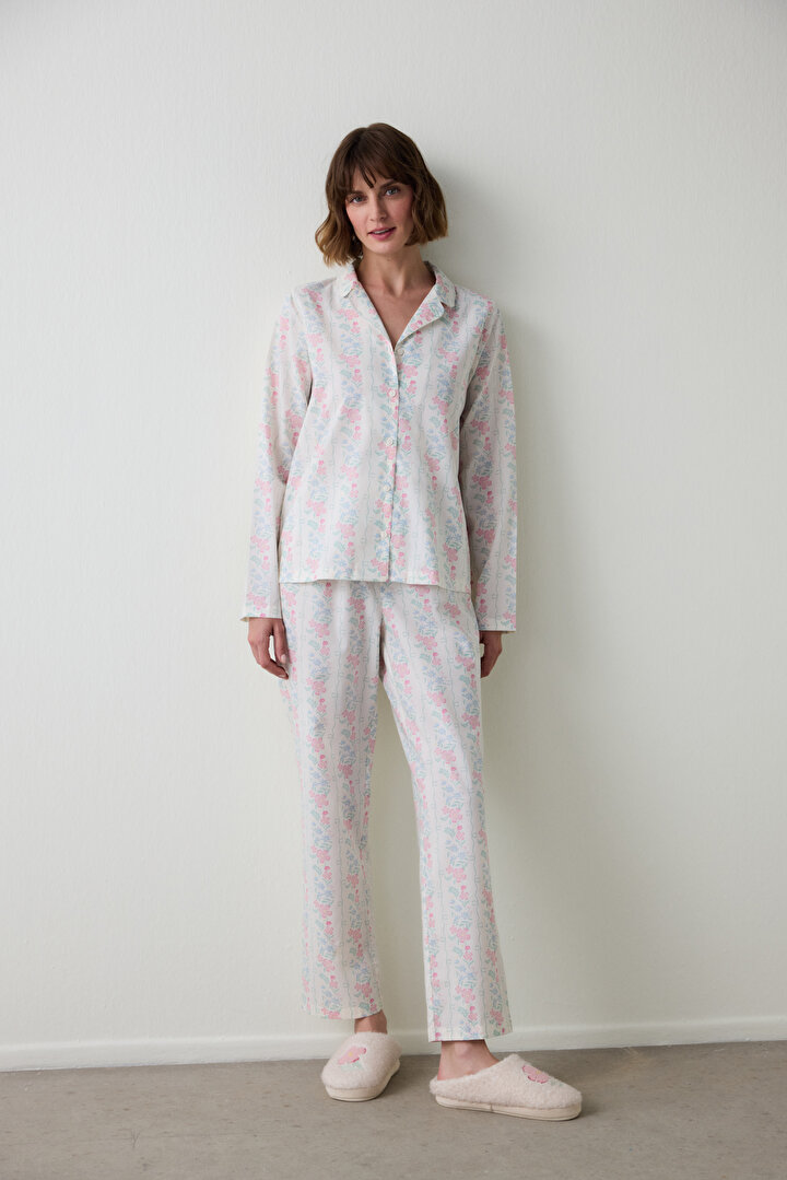 Gardenya Cute Flowers Floral Shirt Collar Long Sleeve Pajama Set - 1