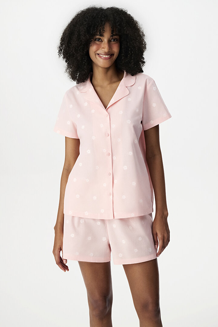 Pembe Floral Morning Pamuklu Gömlek Şortlu Pijama Takımı - 1