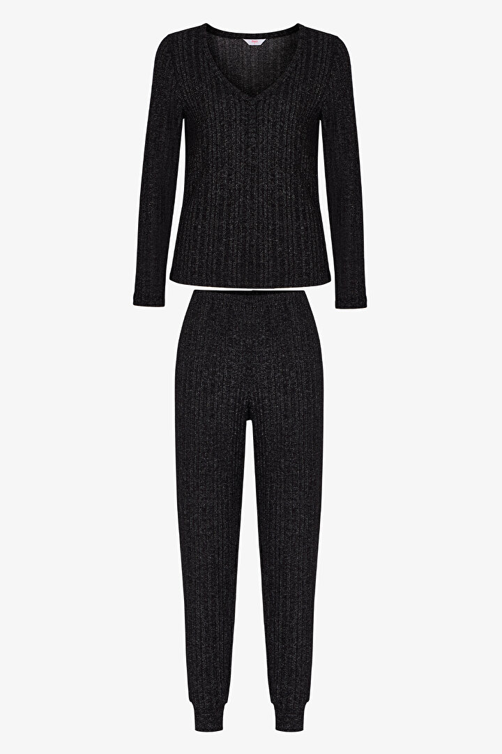 Black Dark Night Long Sleeve Pyjama Set with Trousers - 1
