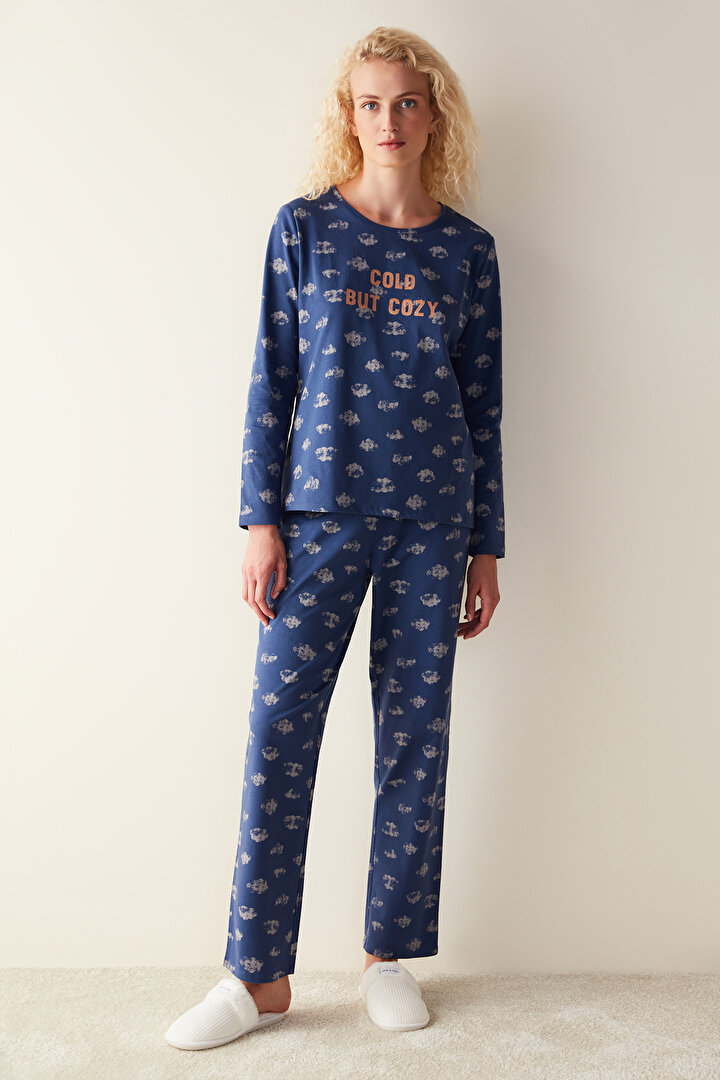 Cozy Uzun Kollu Lacivert Pijama Set - 1