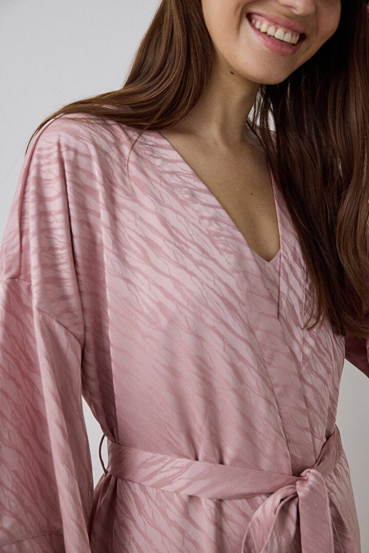 Dusty Rose Emma Zebra Patterned Satin Long Sleeve Dressing Gown - 1