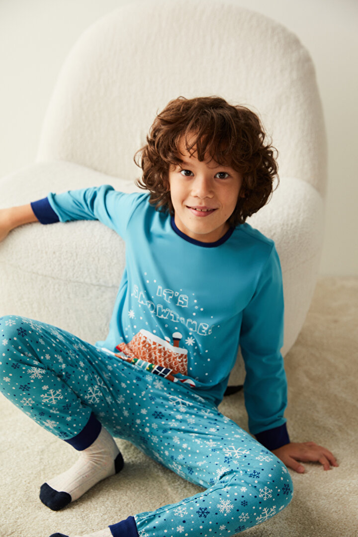 Mavi Erkek Çocuk Snowtime Baskılı Pijama Takımı - 1