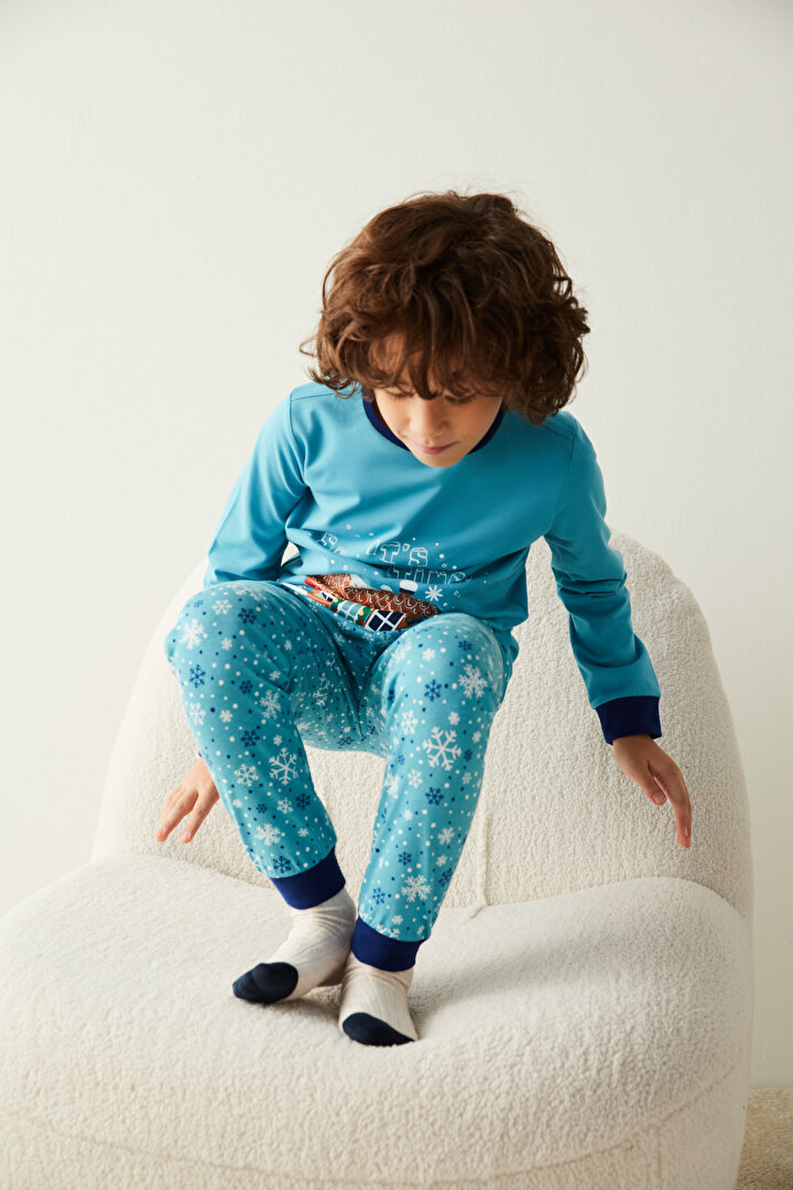 Mavi Erkek Çocuk Snowtime Baskılı Pijama Takımı - 2