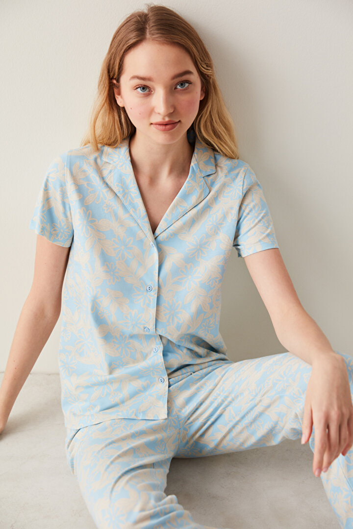 Mavi Base Floral Gömlek Pantolon Pijama Takımı - 1