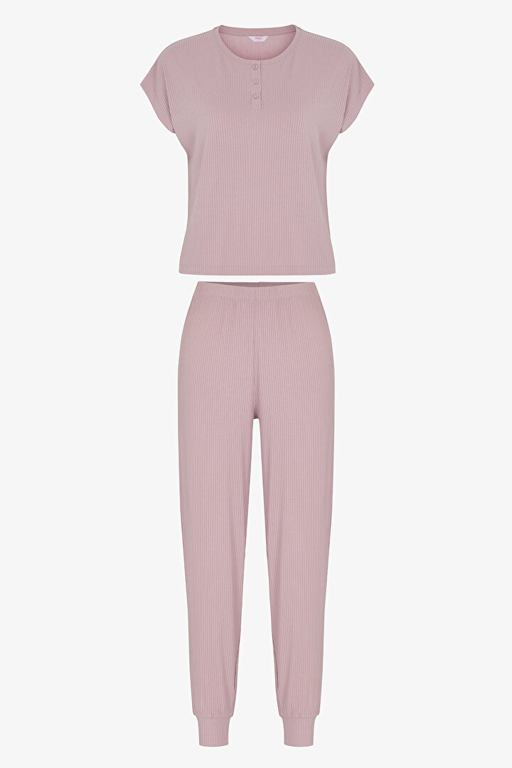 Lila Midnight Fitilli Pantolon Kısa Kollu Pijama Takımı - 1