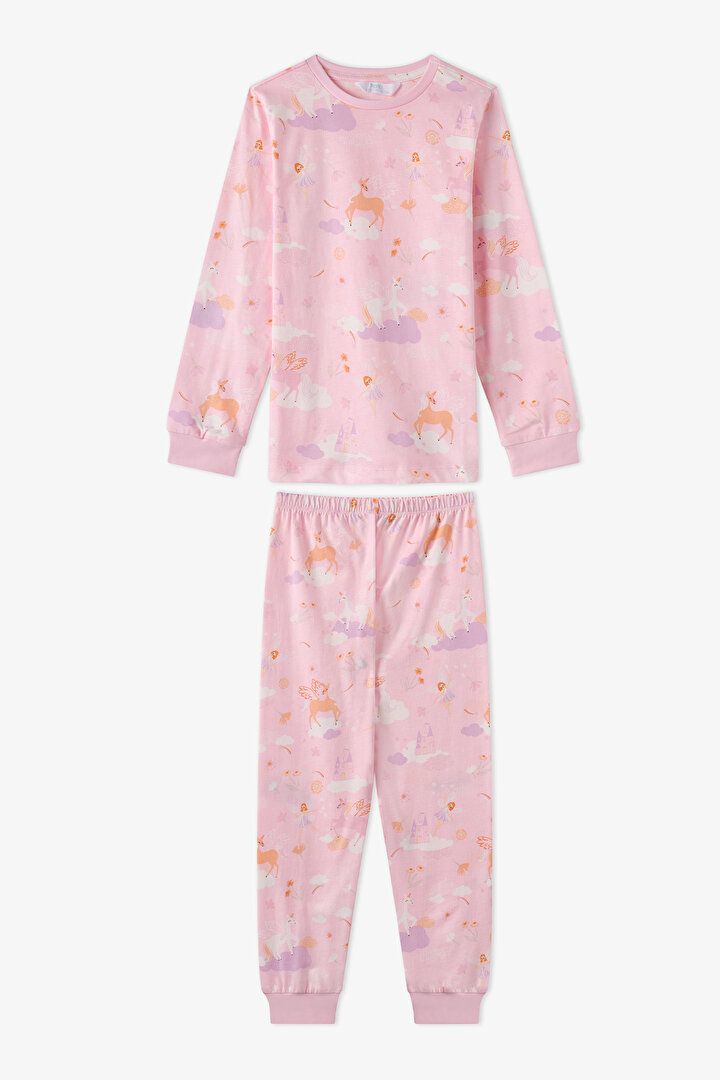 Kız Çocuk Pembe Fly Repeat Pamuklu Uzun Kollu Pijama Takımı - 1