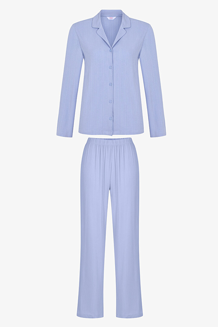 Mavi Emily Rib Gömlek Pantolon Pijama Takımı - 1