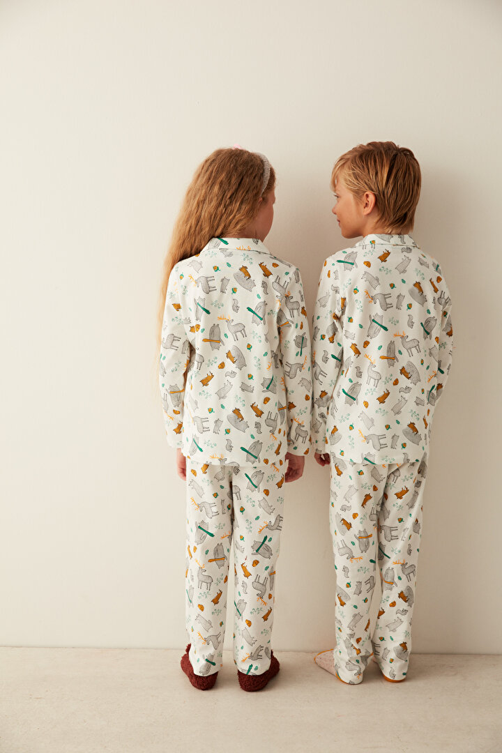 Beyaz Unisex Çocuk Sevimli Hayvan Desenli Gömlek Pantolon Pijama Takımı - 3