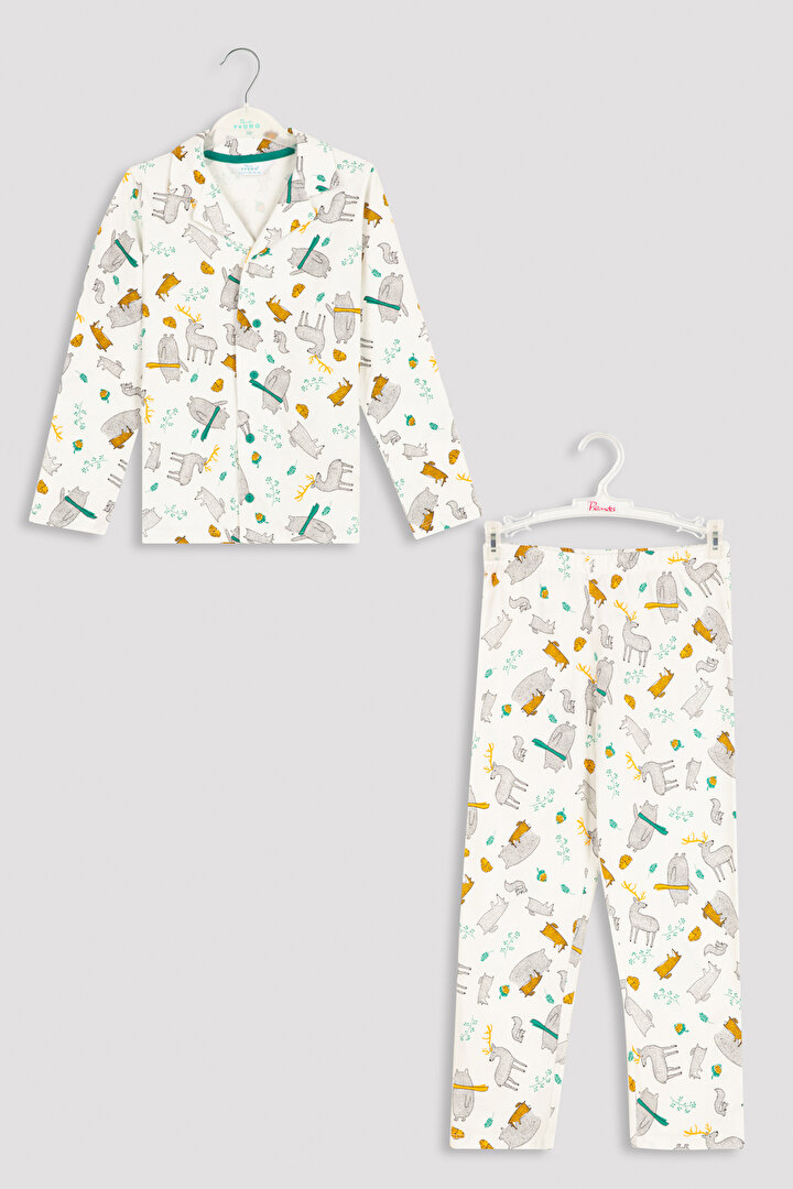 Beyaz Unisex Çocuk Sevimli Hayvan Desenli Gömlek Pantolon Pijama Takımı - 4
