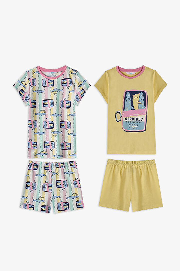 Pastel Yellow Girls Sardines Cat 2in1 Pajama Set - 1