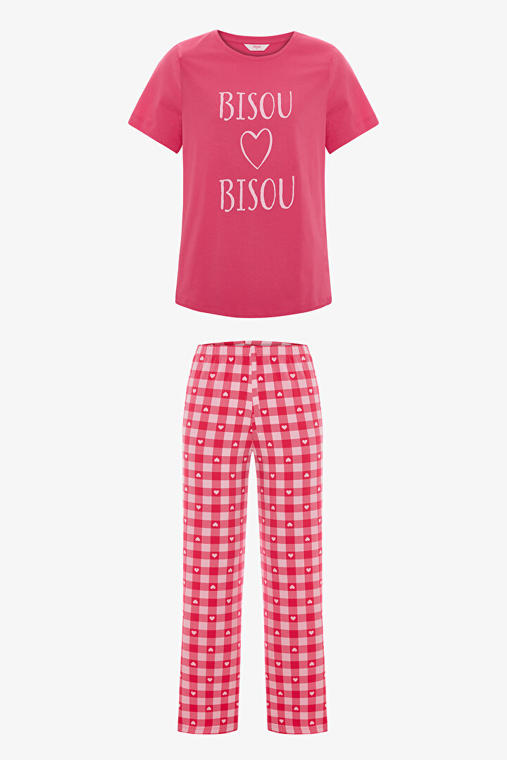 Fuşya Pink Hearts Pantolon Pijama Takımı - 1