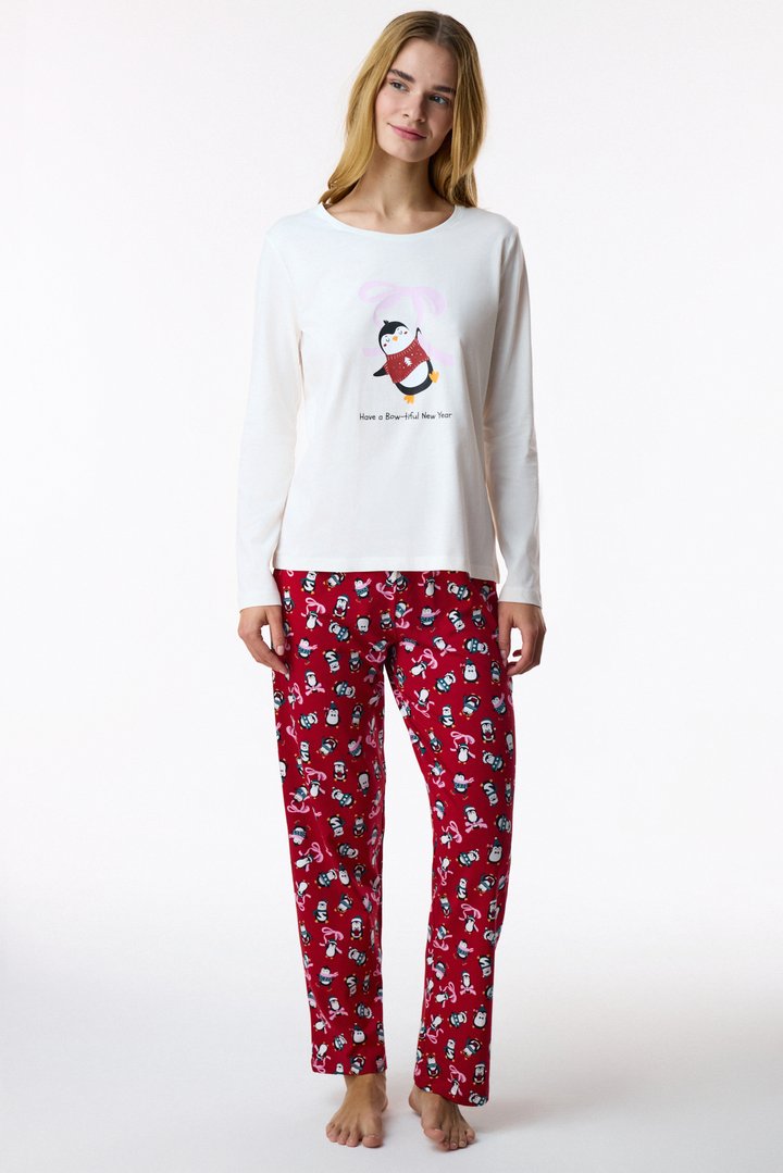 Ecru Cute Penguin Penguin Print Long Sleeve Pyjama Set with Trousers - 1