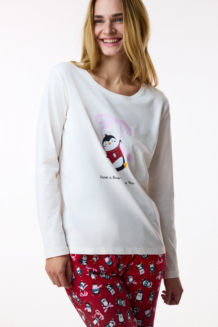 Ecru Cute Penguin Penguin Print Long Sleeve Pyjama Set with Trousers - 2