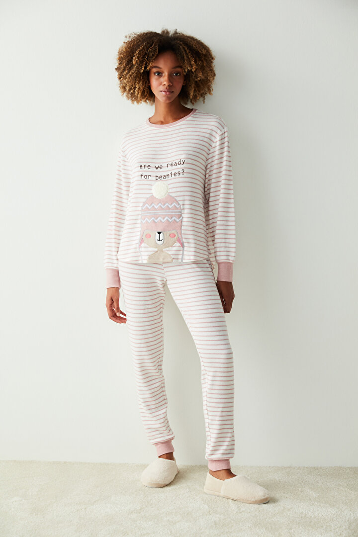 Pembe Çizgi Detaylı Termal Pijama Altı - 1