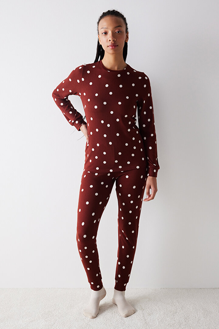 Dotted Termal Kahverengi Pantolon Pijama Takımı - 1