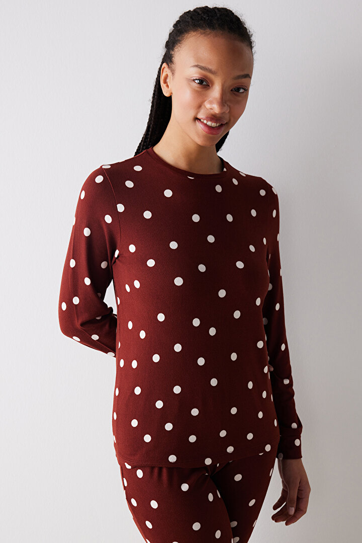 Dotted Termal Kahverengi Pantolon Pijama Takımı - 2