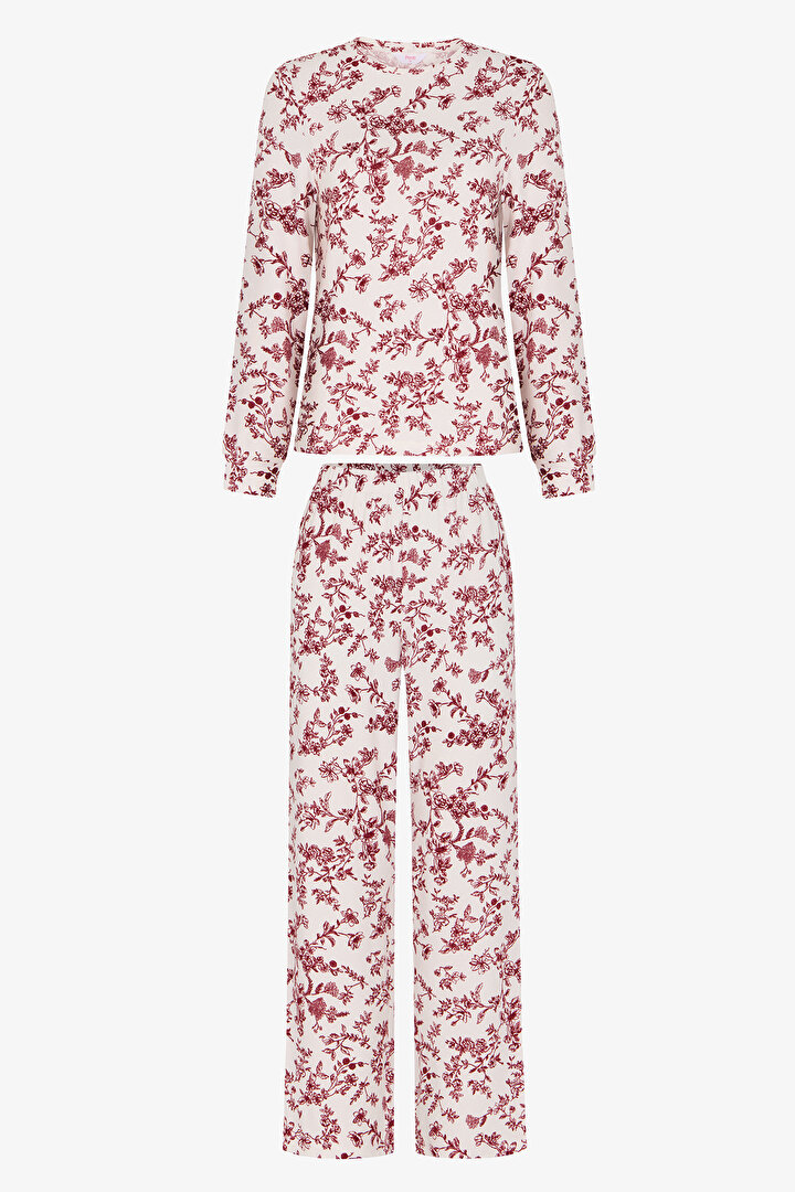 Kırık Beyaz Rahat Çiçekli Uzun Kollu Pantolon Pijama Takımı - 1