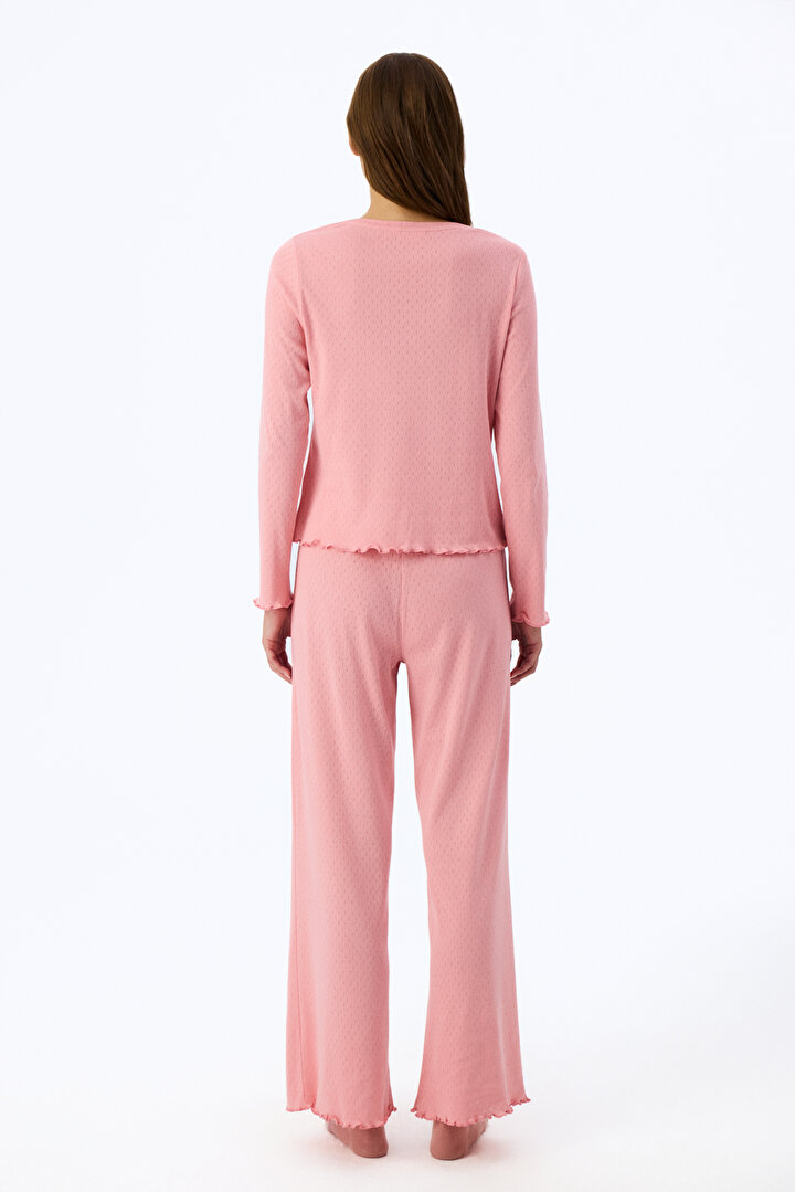 Pembe Dusty Rose Pointel Slogan Desenli Kısa Kollu Tişört Pijama Üstü - 2