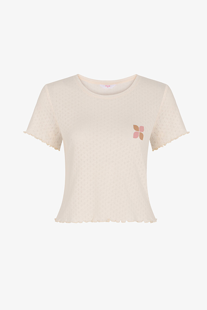 Ekru Sleep Mode Pointel Kısa Kollu Tişört Pijama Üstü - 1
