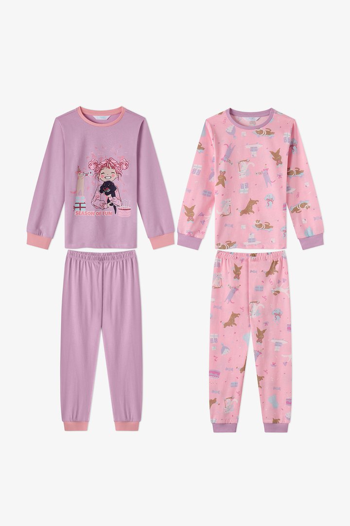 Kız Çocuk Pembe Season Fun Pamuklu Uzun Kollu 2'li Pijama Takımı - 1