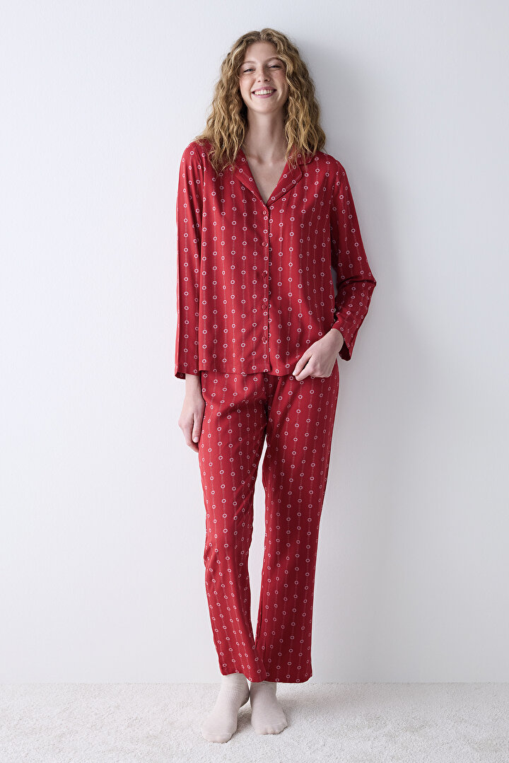 Çok Renkli Red Floral Pantolon Pijama Takımı - 1