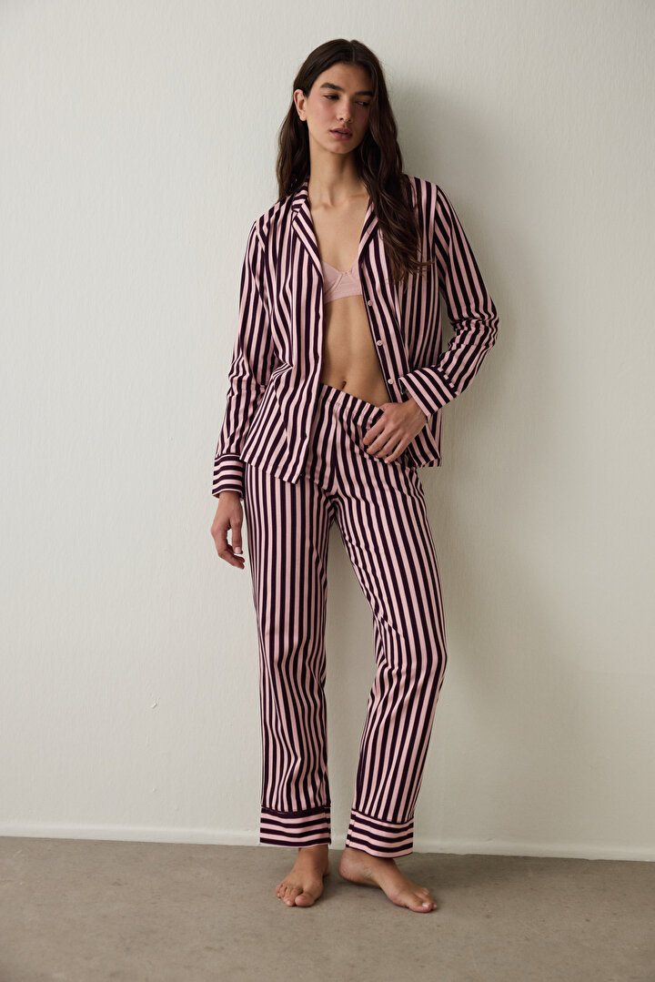 Pembe Puantiyeli Oversize Gömlek Yaka Pamuk Pijama Takımı - 2