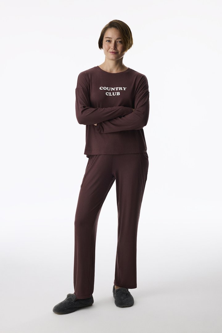 Kahverengi Country Club Çizgili Pantolon Uzun Kollu Pijama Takımı - 1