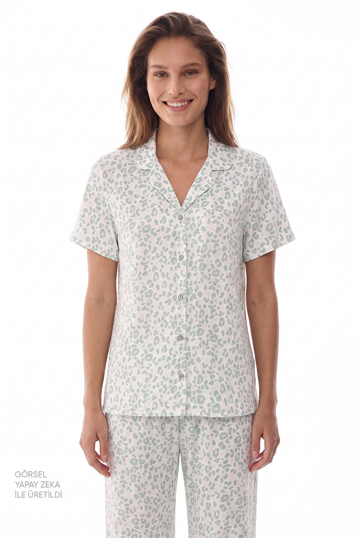 Yeşil Leopar Kısa Kollu Gömlek Pantolon Pijama Takımı - 2