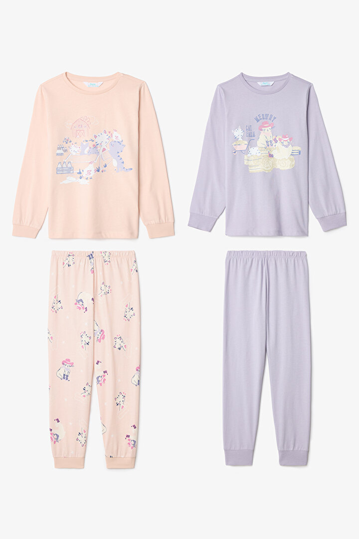 Kız Çocuk Meowdy Kedi Desenli Pamuklu 2'li Uzun Kollu Pijama Takımı - 1