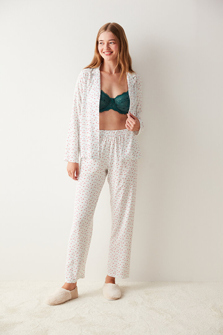 Beyaz Kiraz Desenli Gömlek Pantolon Pijama Takımı - 2