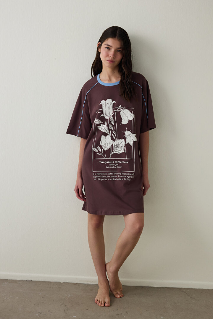 Brown Floral Crew Neck Short Sleeve Organic Cotton Bell Nightgown - Inspired by Flora - 2