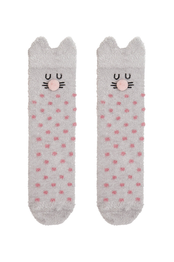 Gri Puantiyeli Tavşan Detaylı Soket Çorap - 1