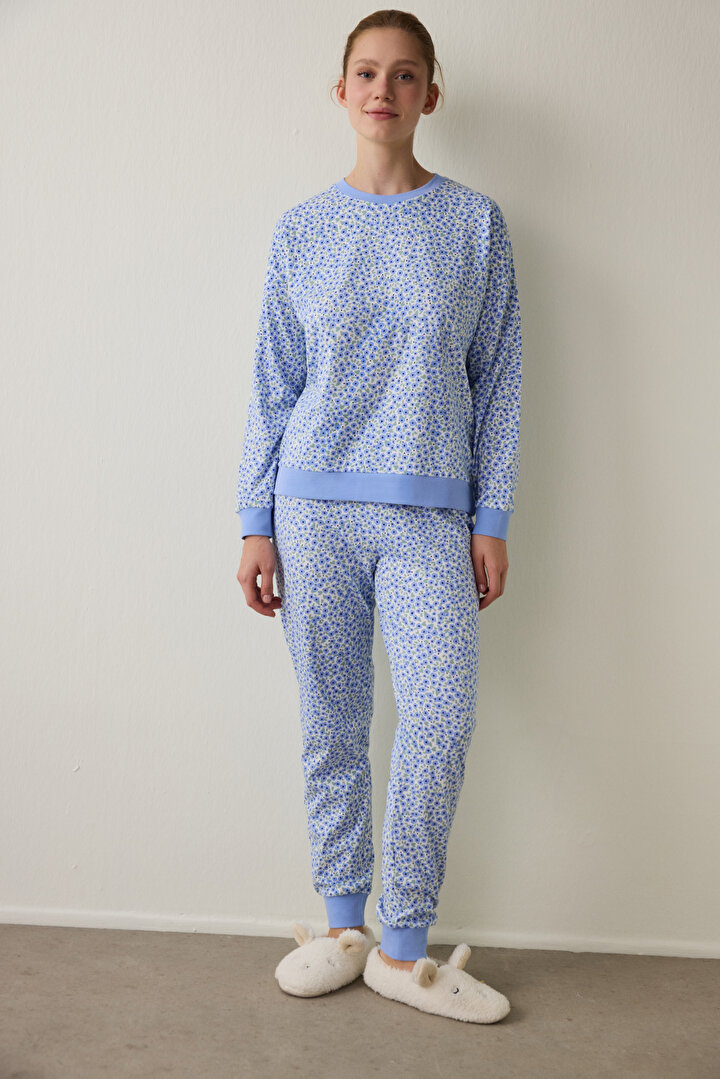 Mavi Çiçek Desenli Bisiklet Yaka Uzun Kollu Pijama Takımı - 1