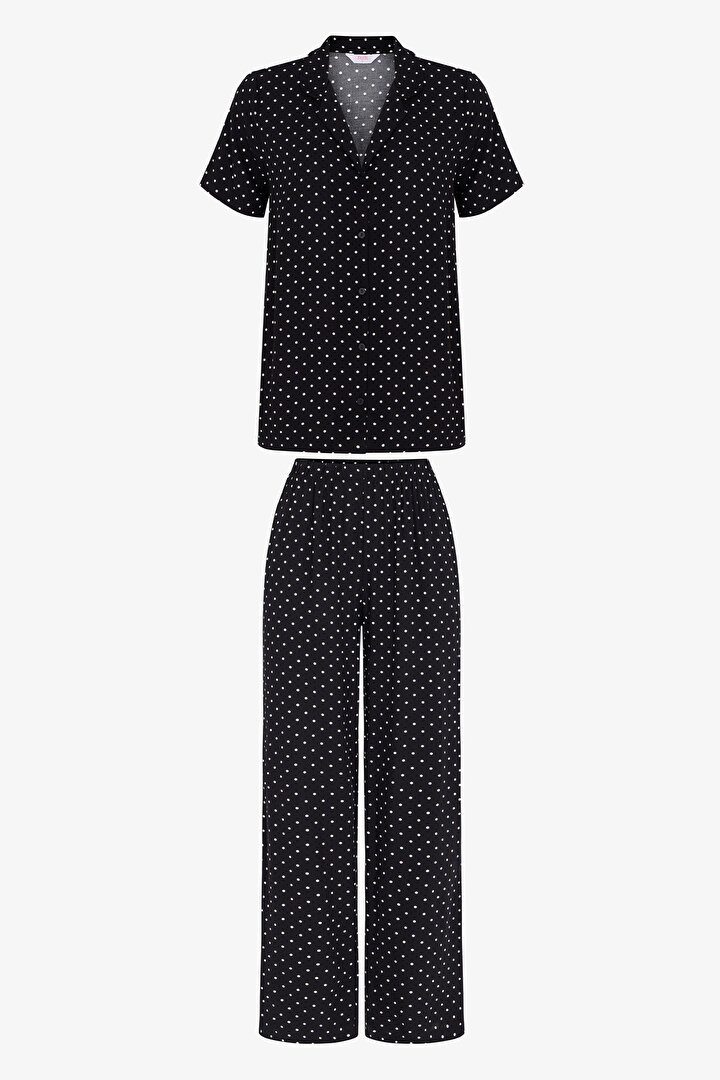Siyah White Dots Gömlek Pantolon Pijama Takımı - 1