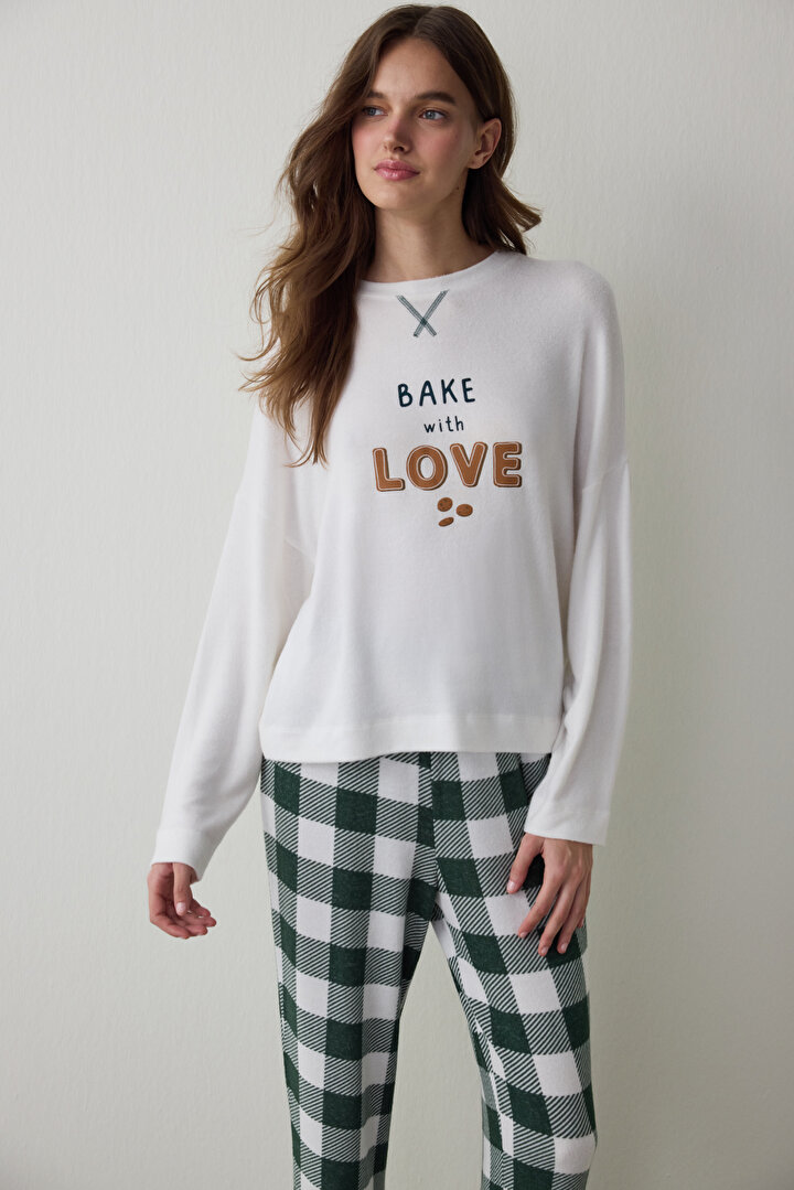 Kırık Beyaz With Love Slogan Baskılı Termal Etkisi Sweatshirt Pijama Üstü - 1