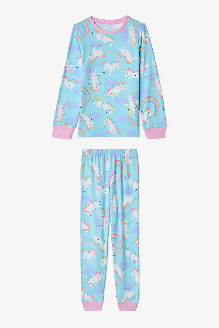 Light Blue Girls Unicorn Patterned Pajama Set - 1