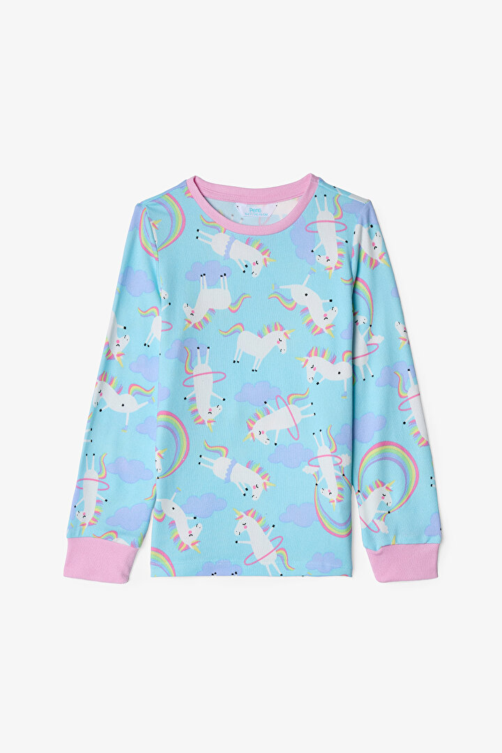 Light Blue Girls Unicorn Patterned Pajama Set - 2