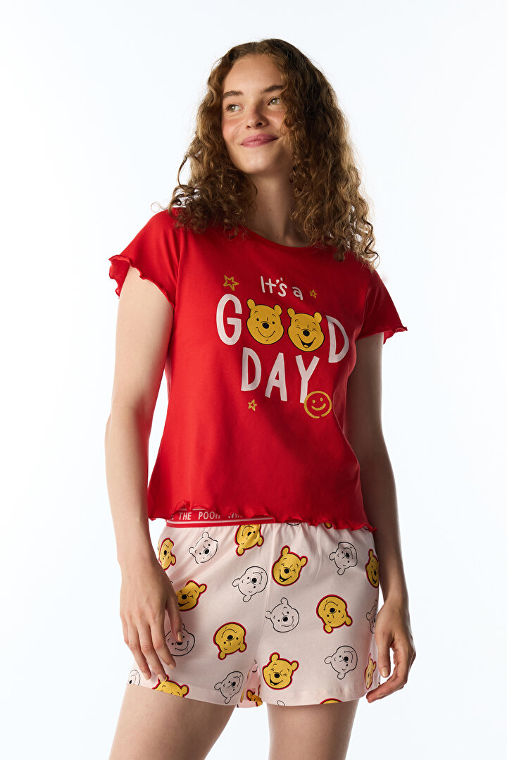 Kırmızı Good Day Ayı Desenli Kısa Kollu Şort Pijama Takımı - 2