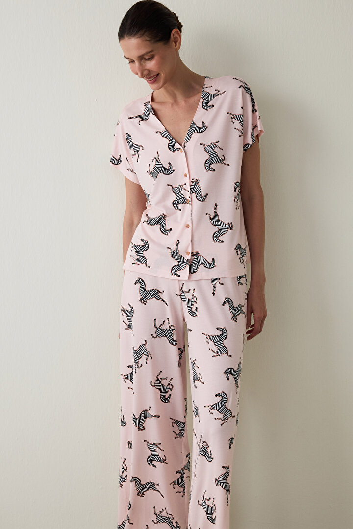 Açık Pembe Collagen Etkili Gömlek Yaka Pijama Takımı - 1