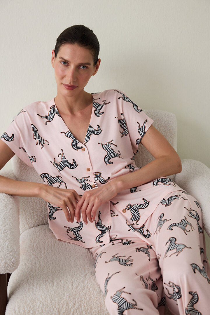 Açık Pembe Collagen Etkili Gömlek Yaka Pijama Takımı - 2