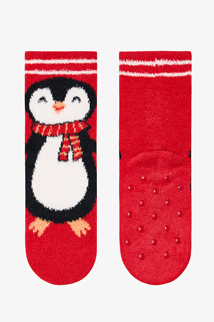 Kırmızı Erkek Çocuk Penguen Nakışlı Kaymaz Tabanlı Ev Patiği - 1