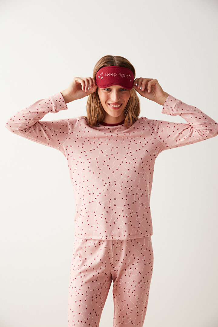 Pembe Yıldız Desenli Termal Tişort Pijama Üstü - 1