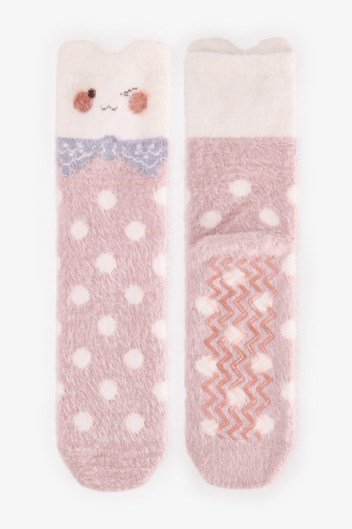Açık Pembe Fluffy Puantiye Desenli Soket Çorap - 1