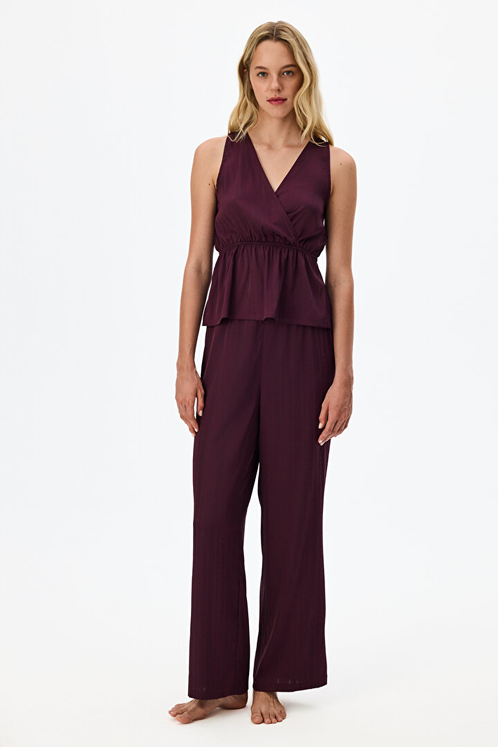Bordo Aurora Dark Saten Çiçekli Atlet Pijama Üstü - 1