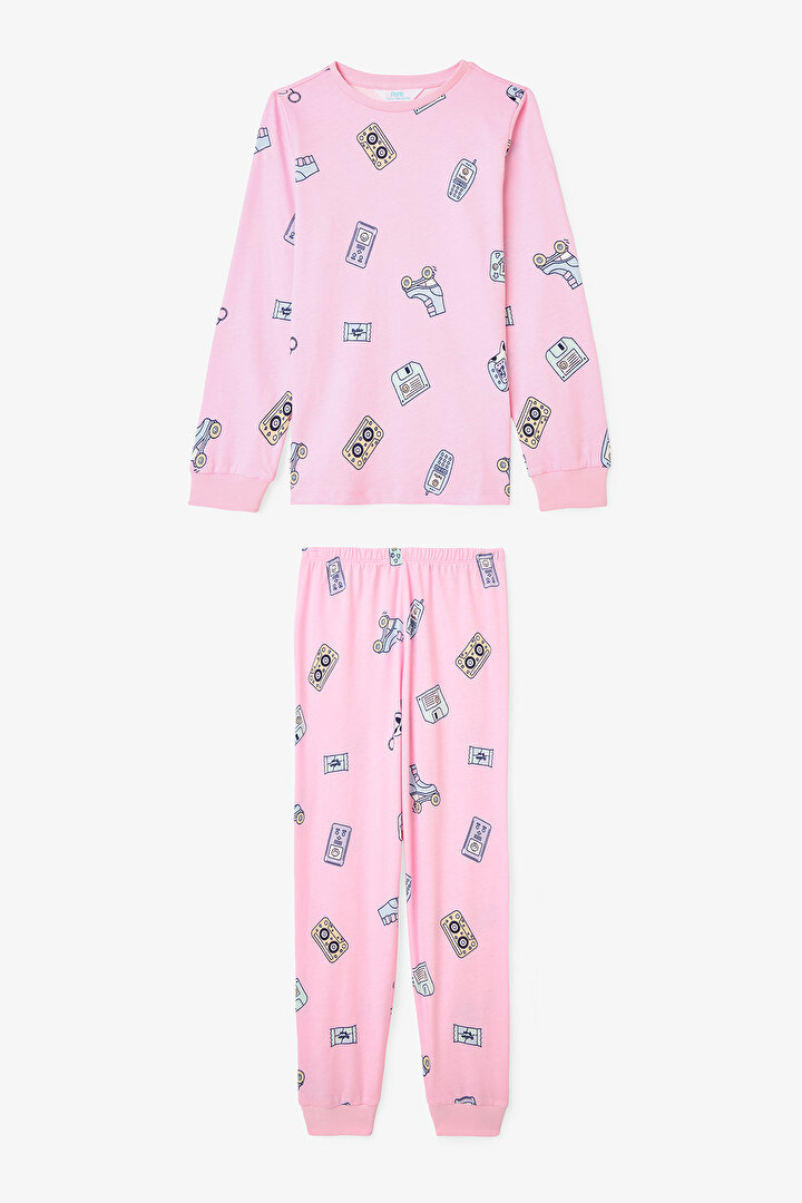 Girls Retro Toy Patterned Cotton Long Sleeve 2-Piece Pajama Set - 2