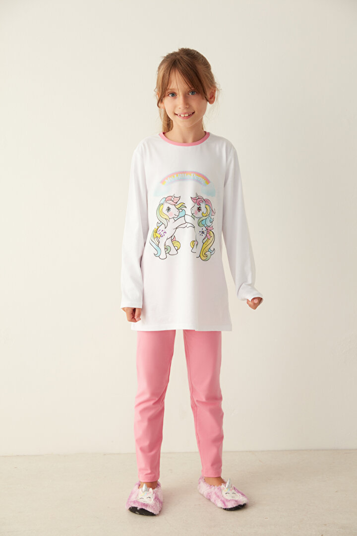 Çok Renkli Kız Çocuk Pony Baskılı Pijama Takımı - 1