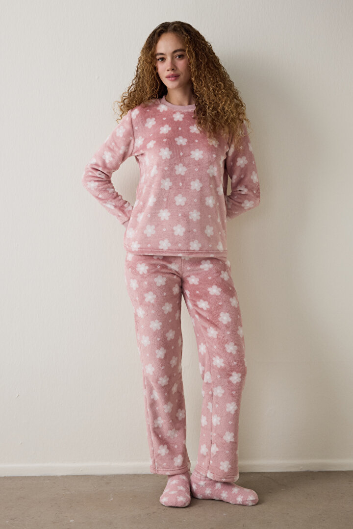 Pembe Pretty Daisies Çiçekli Bisiklet Yaka Uzun Kollu Pijama Takımı - 1