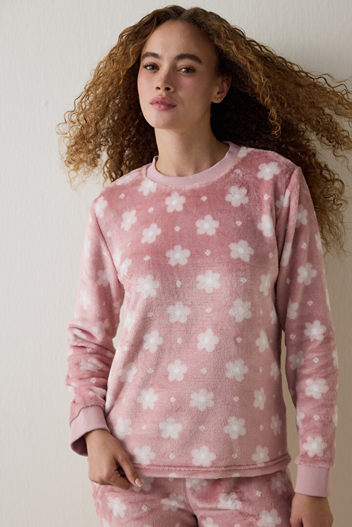 Pembe Pretty Daisies Çiçekli Bisiklet Yaka Uzun Kollu Pijama Takımı - 2