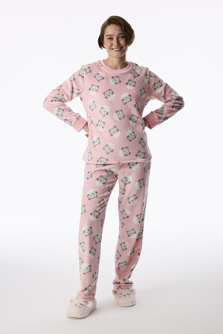 Pembe Cute Cat Fluffy Kedi Desenli Pantolon Uzun Kollu Pijama Takımı - 1