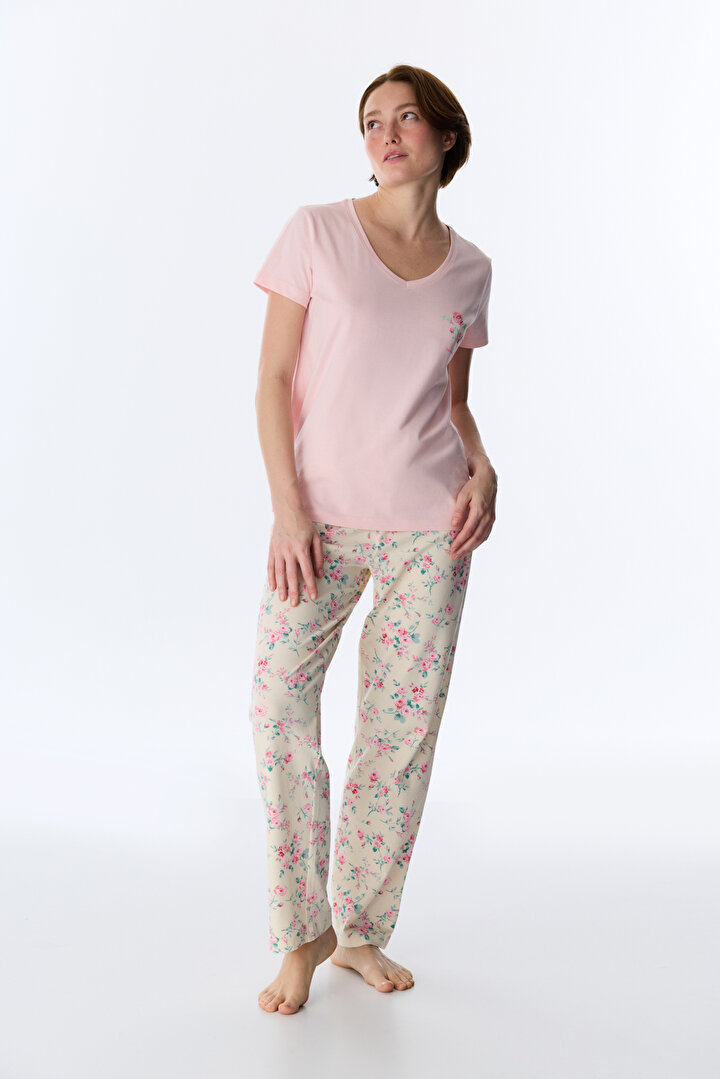Gül Kurusu Pinkish Floral Pantolon Pijama Takımı - 1